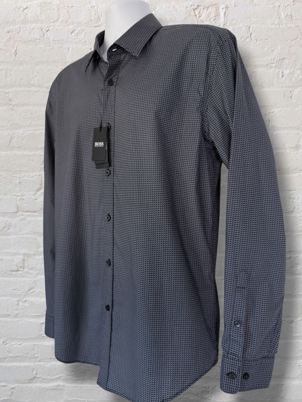 NWT Hugo Boss Ronni Slim Fit Stretch XXL Navy Geometric Print Dress Shirt $148 - Picture 6 of 16
